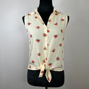 Japna Novelty Watermelon Printed Tie Front Collared Tank Sz Small